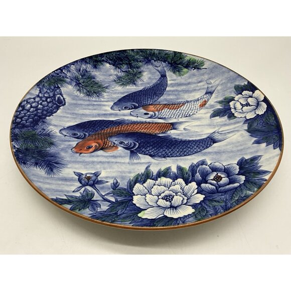 Japanese Vintage Koi Fish and Lotus Blue 12" Charger/Small Platter Collectible - Picture 10 of 14